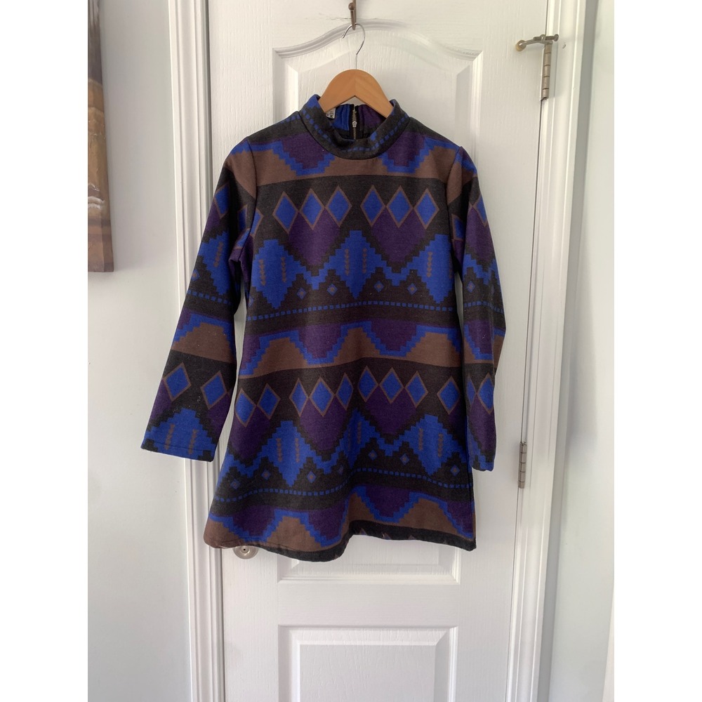 ASMOVE Women Aztec Geometric Print Mock Neck Mini Dress Blue Purple Brown S